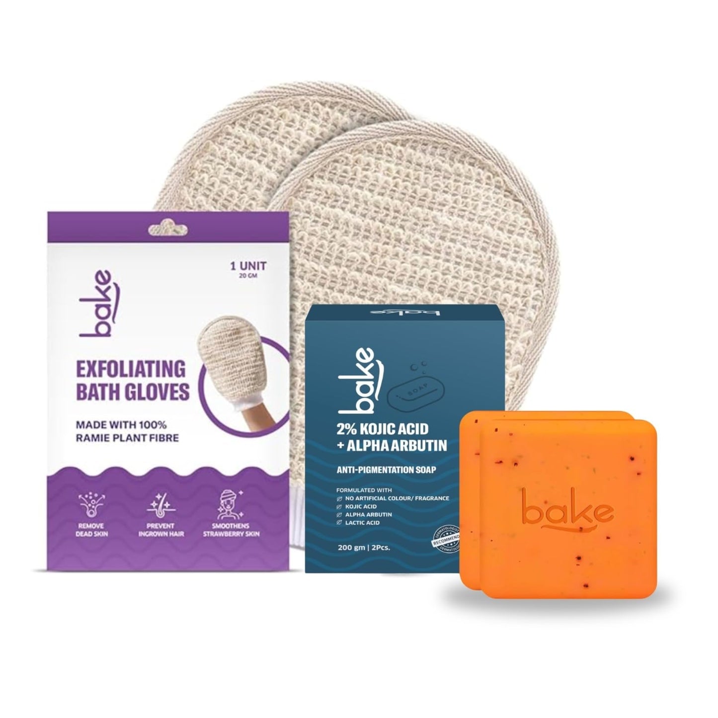 Tan Removal Exfoliating Bath Kit - 100% Ramie Plant Fibre Gloves + Kojic Acid Soap (2 Pcs) with Scrub Treatment