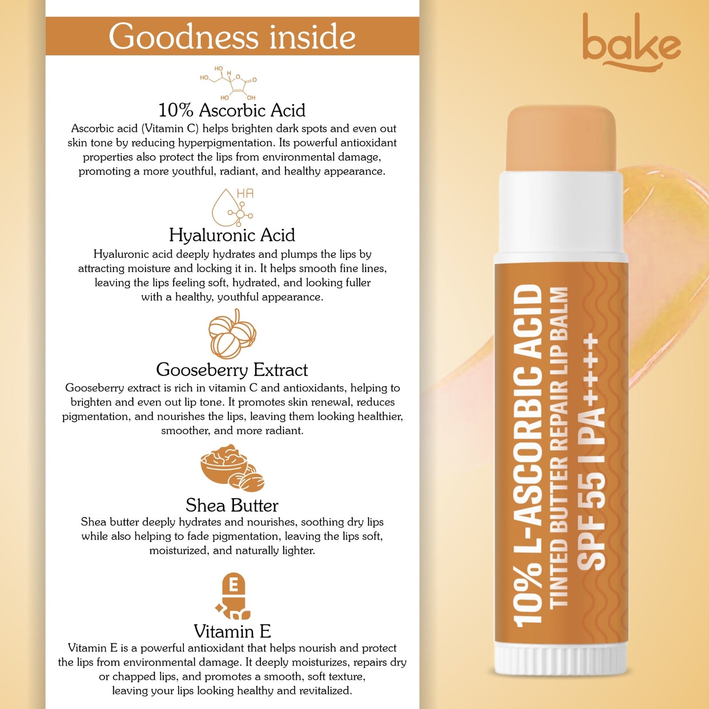 10% L-Ascorbic Acid Tinted Butter Brightening Lip Balm SPF 55 PA++++ with Hyaluronic Acid