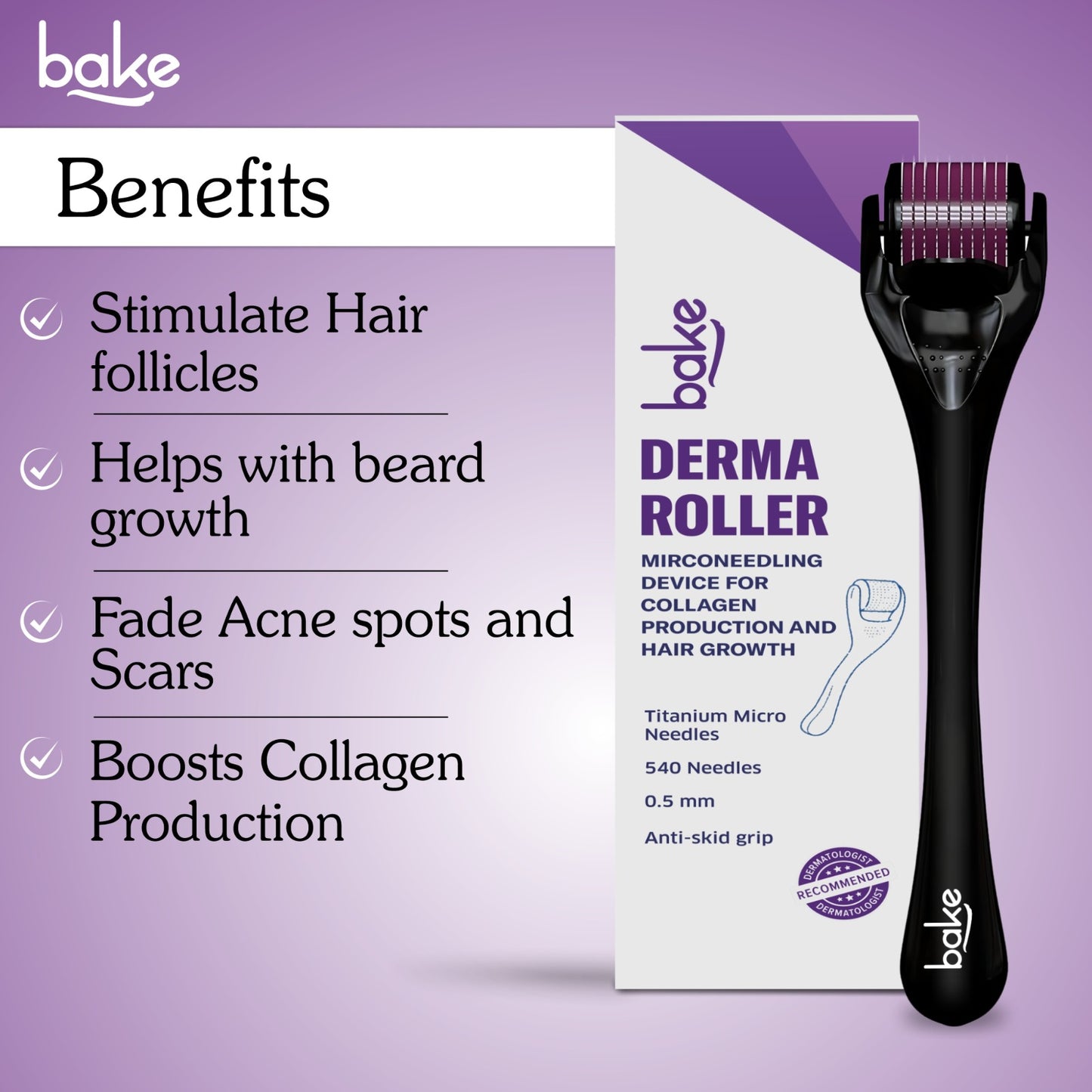 BAKE Derma Roller 0.5mm for Hair Growth with 540 Titanium Alloy Needles